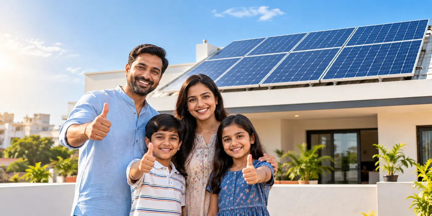 A happy family giving a thumbs-up in front of their solar-powered home